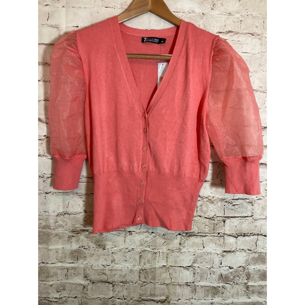 7th Avenue Sweater Large Salmon Pink Button Cardigan Organza Sleeves Feminine